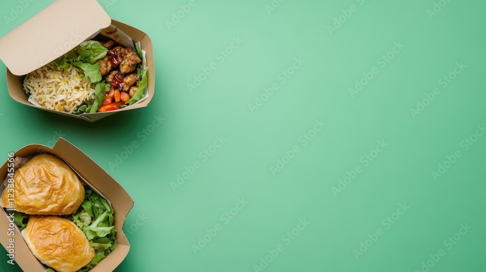 Aufkleber Top view of two takeaway containers on a vibrant green background with ample empty space for text or promotional content