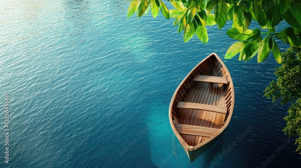 Aufkleber serene view of a traditional wooden boat floating in tranquil tropical blue waters with natural foli