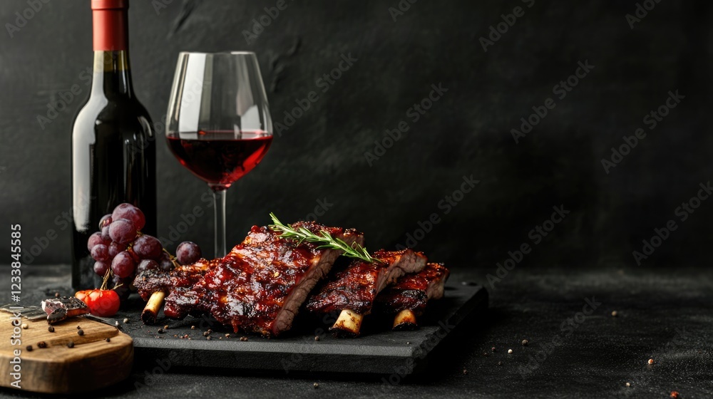Aufkleber Homemade spiced smoked ribs paired with red wine on a dark textured background with ample space for text overlay