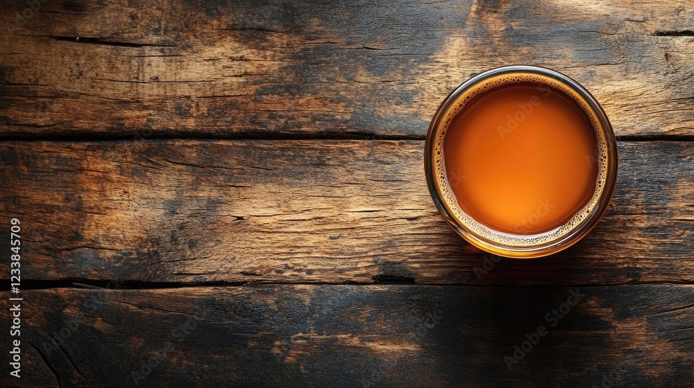 Poster espresso coffee in a spherical glass cup on a rustic wooden table with ample copyspace for text or b