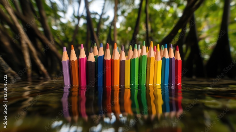 Poster vibrant colored pencils arranged in water among mangroves with blurred nature background and empty s