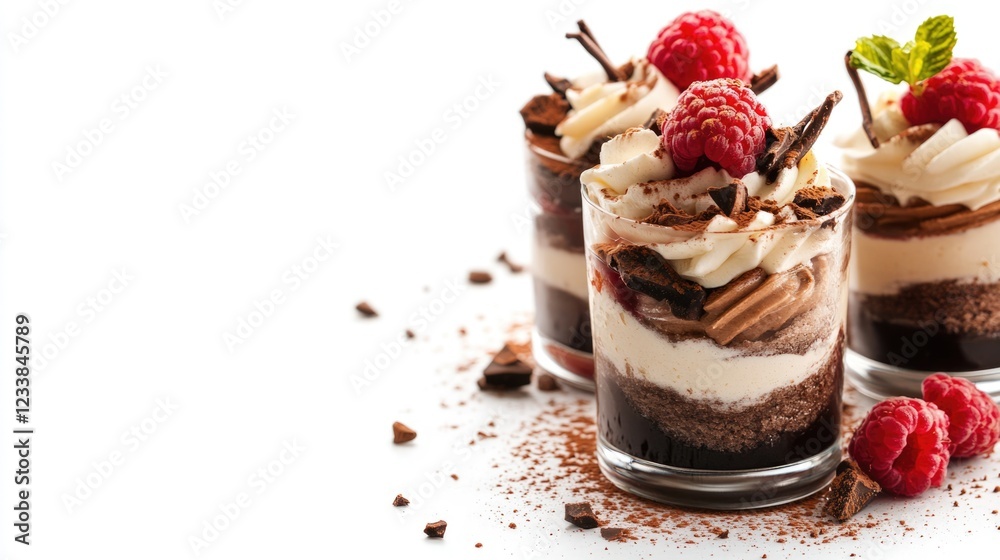 Poster raspberry tiramisu dessert in glasses with chocolate garnish on a white background ideal for culinar