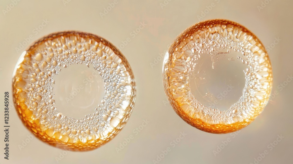 Poster Dew drop bubbles on glass surface with clear liquid and intricate air bubble patterns creating a visually stunning macro photography effect