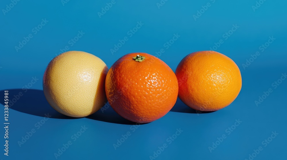 Aufkleber vibrant display of citrus fruits including grapefruit and oranges on a bright blue background showca