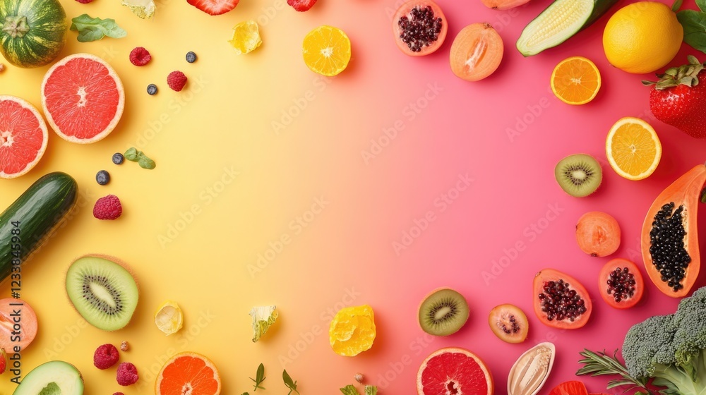Poster colorful arrangement of fresh fruits and vegetables on gradient background showcasing healthy lifest