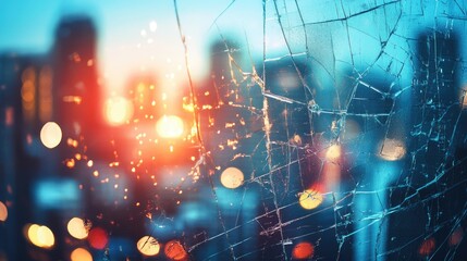 Obraz premium Vibrant Cityscape with Broken Glass Texture and Bokeh Lights Ideal for Text Overlay and Creative Designs