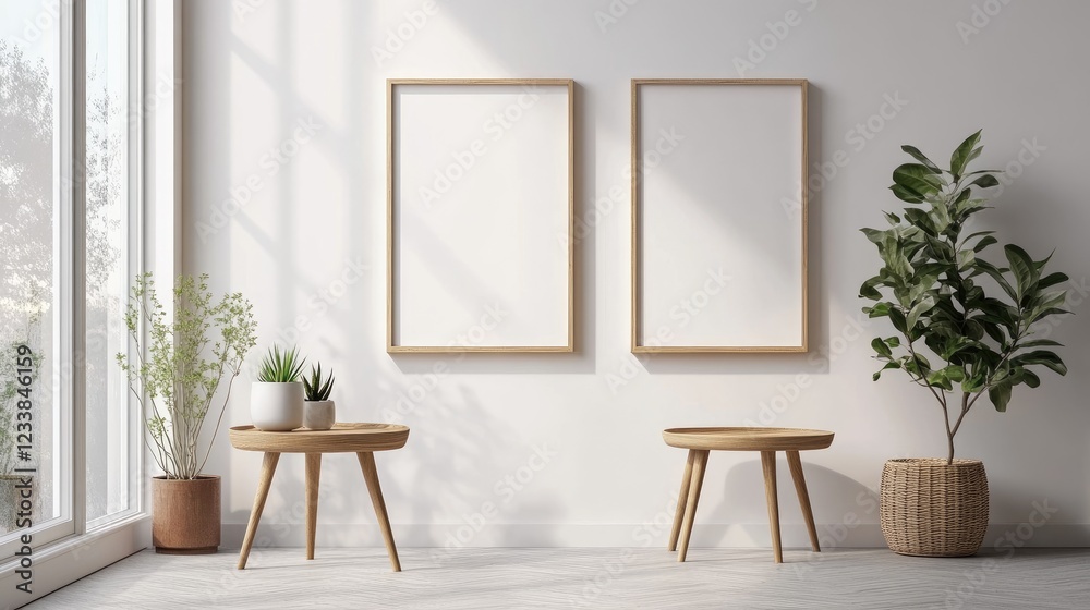 Poster minimalist interior design featuring two empty vintage wooden frames on a white wall with plants and
