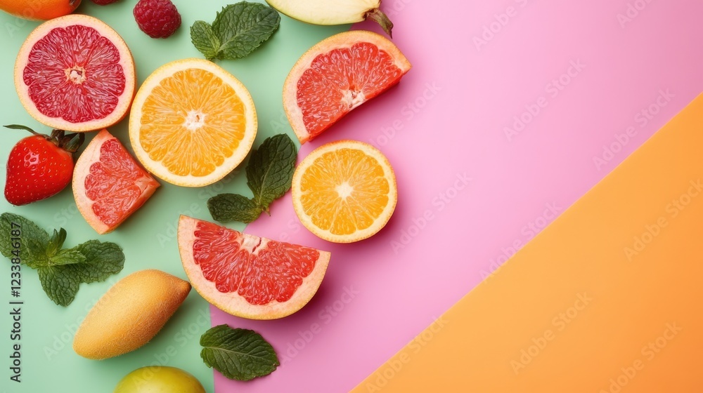 Aufkleber colorful assortment of fresh fruits and vegetables on tri-color background with copyspace for text p