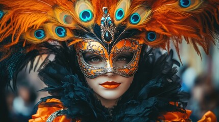 Vibrant carnival dancer wearing a feathered peacock mask and striking orange and black costume showcasing elegance and festivity.
