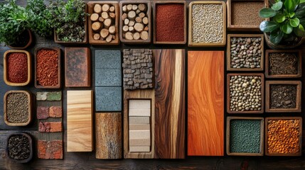 Top view of assorted eco friendly building materials for sustainable architecture with ample space for text or branding elements