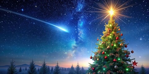 A starry night sky with a shooting star streaking across the horizon above a decorated Christmas tree, starry night, snowy night