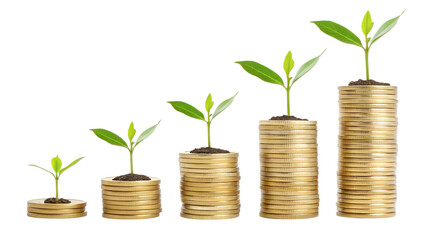 stacks of golden coins money growth concept isolated on transparent background