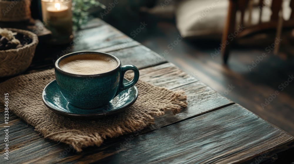 Aufkleber cozy blue coffee cup on rustic wooden table with candle light and empty space for text in warm ambia