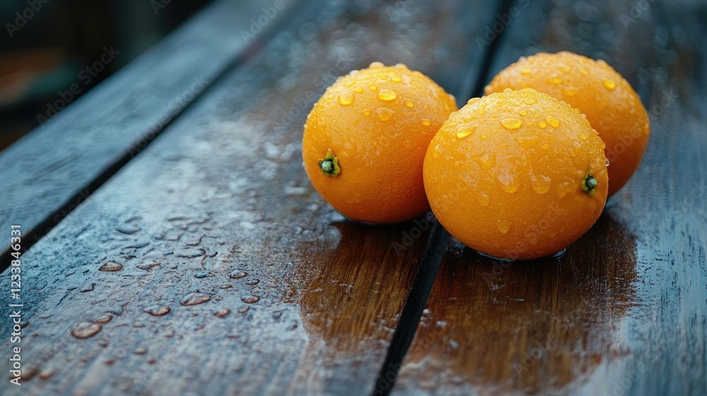 Aufkleber fresh citrus fruits with dew drops on rustic wooden table background