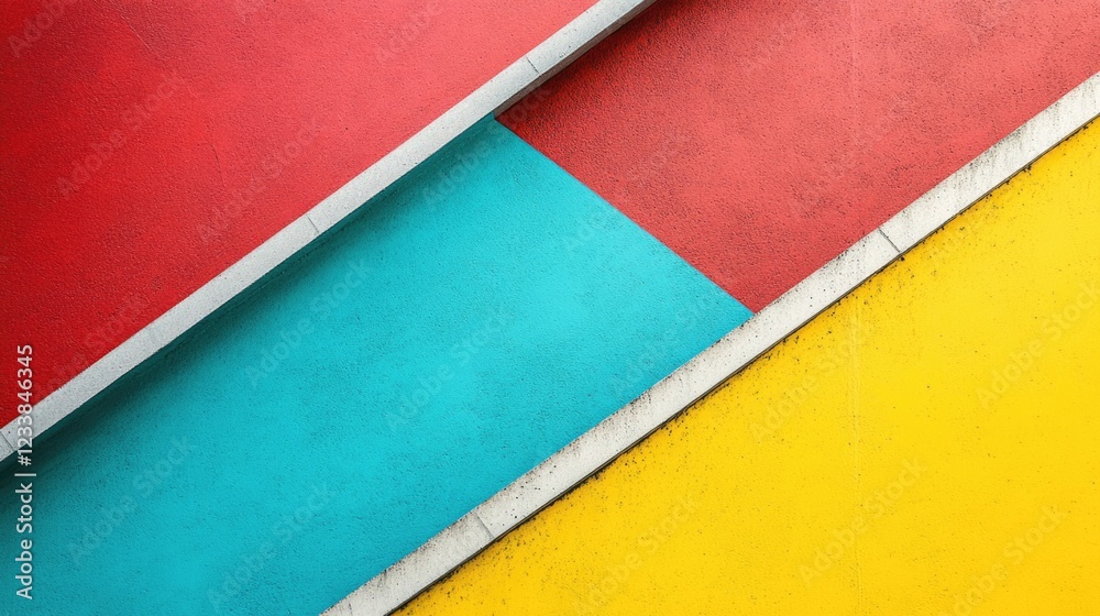 Poster colorful abstract composition featuring diagonal lines in red, blue, and yellow with ample copyspace