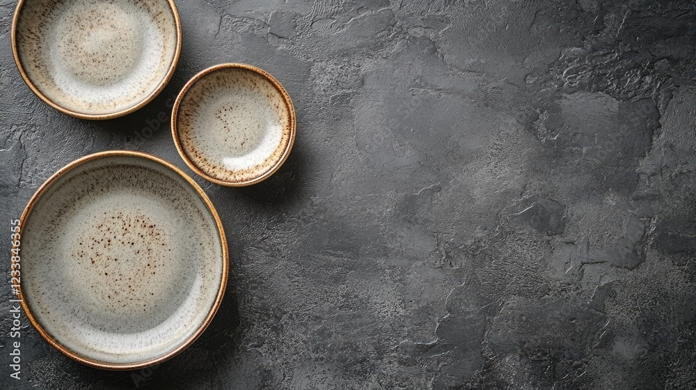 Poster Elegant ceramic plates arranged on a textured grey surface with ample empty space for text and design elements.