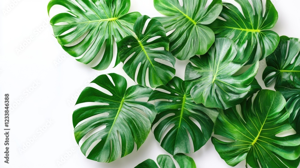 Poster Tropical palm leaves arranged on a white surface creating a fresh design with ample copyspace for text or branding purposes