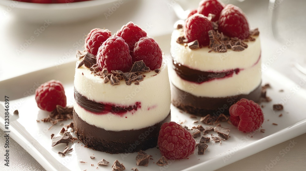 Poster decadent chocolate and raspberry layered desserts on a white plate with fresh berries and chocolate 