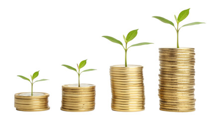 stacks of golden coins money growth concept isolated on transparent background