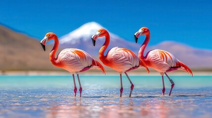 Fototapeta premium Three Colorful Flamingos Standing in Shallow Water with Mountains