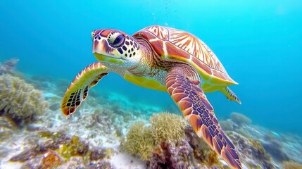 Fototapeta premium Colorful Sea Turtle Swimming Through Vibrant Coral Reef Environment
