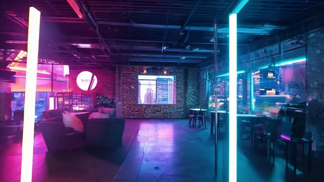 Zoom in video of a trendy loft apartment in a bustling urban setting, featuring exposed brick walls, large factory windows, vibrant neon signs, and city buzz