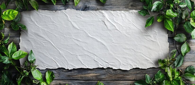 Blank white textured paper frame surrounded by green foliage on a wooden surface ideal for adding personalized text or designs.