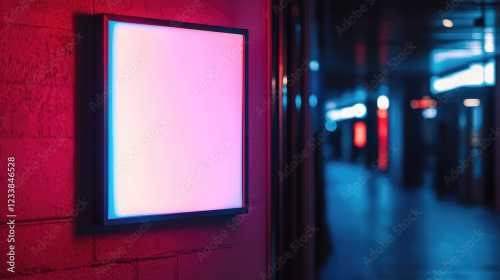 Aufkleber Close up of a glowing neon lightbox in a dark hallway creating an atmospheric and moody vibe with space for copy or promotional text