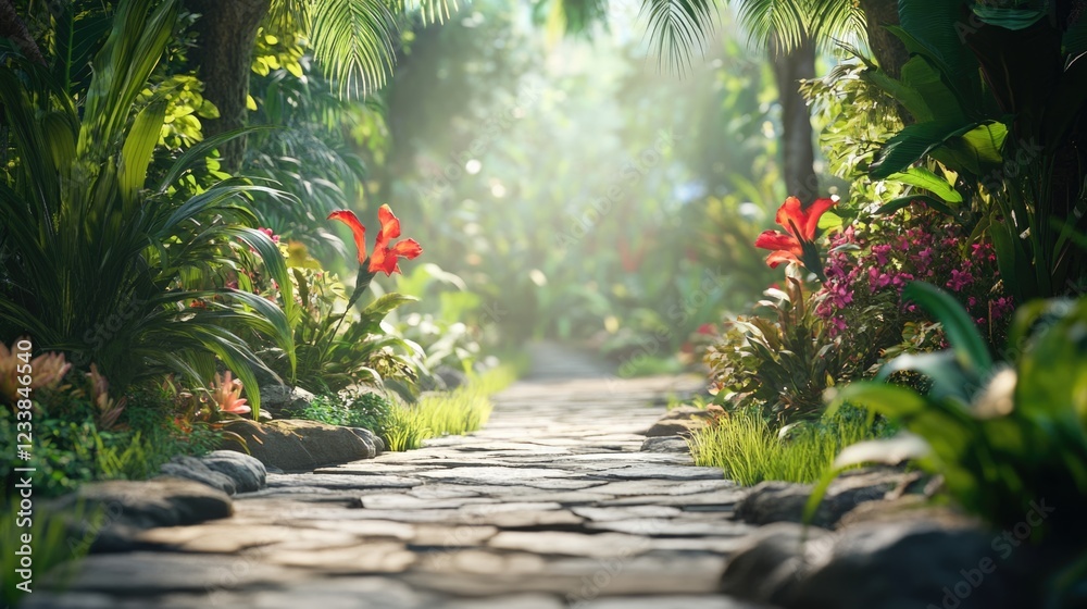 Leinwandbilder lush tropical jungle pathway surrounded by vibrant flora illuminated by soft light with ample copysp