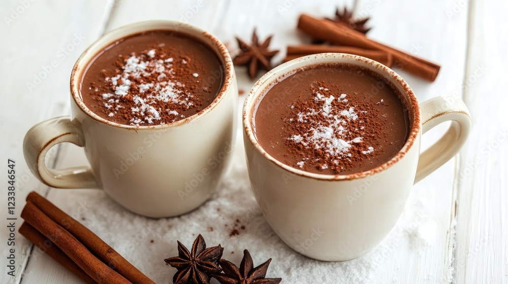 Poster cups of cocoa with cinnamon on a wooden surface surrounded by snow and festive decorations perfect f