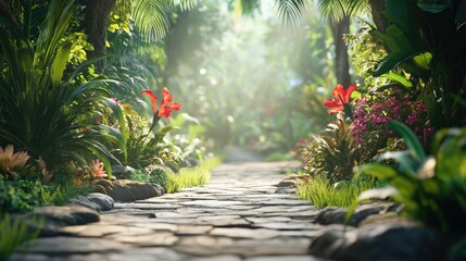 Lush tropical jungle pathway surrounded by vibrant flora illuminated by soft light with ample copyspace for text and design elements