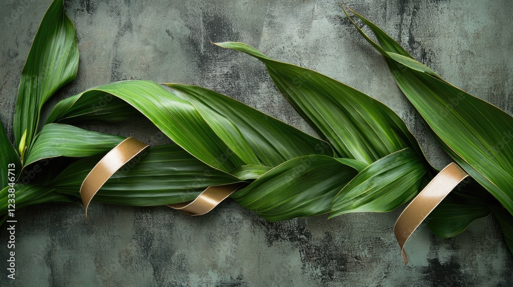 Poster tropical green leaves with elegant golden ribbon on textured background blank space for text or bran