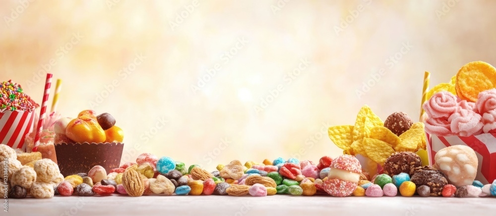 Aufkleber Variety of Colorful Snacks and Sweets Displayed in Boxes with Ample Copy Space for Text in a Bright and Inviting Background