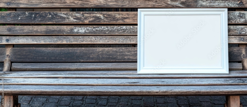 Poster white photo frame on rustic pine bench showcasing ample blank space for customizable text or images.