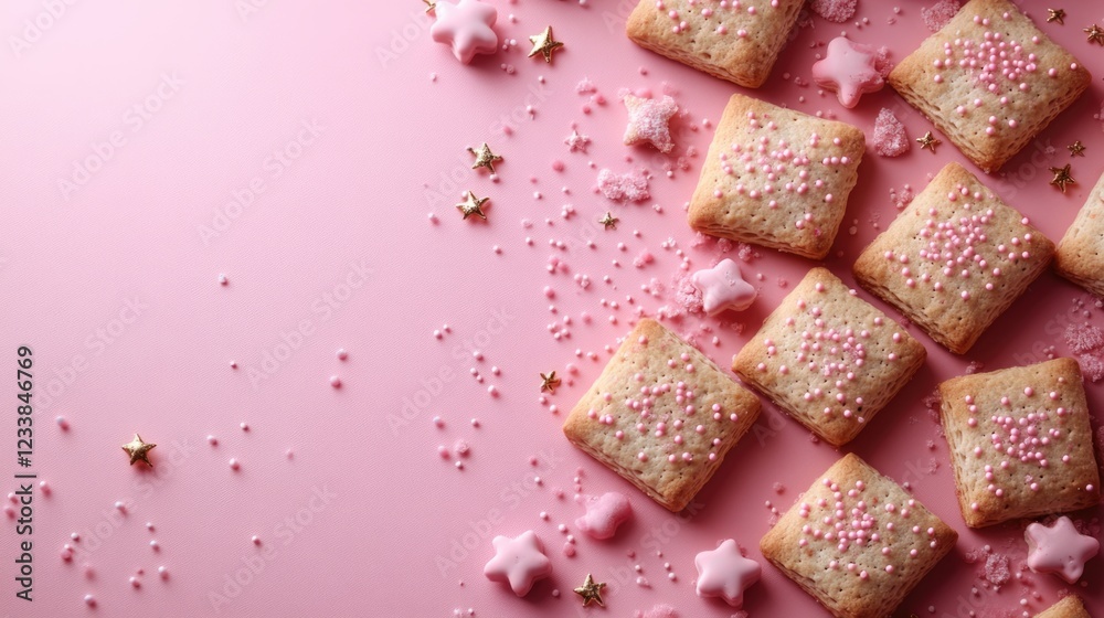 Poster handmade decorative crackers with pink sprinkles and stars on a pastel pink background with space fo