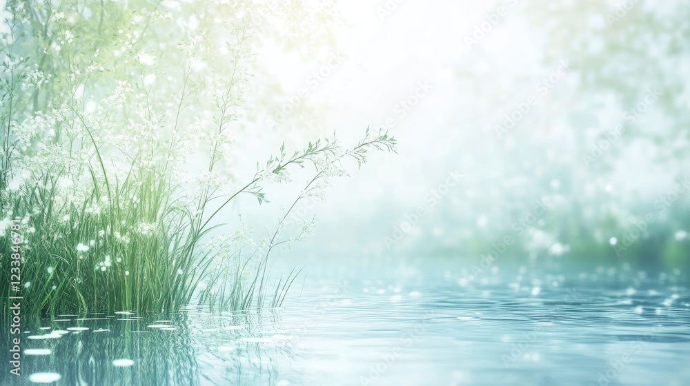 Poster tranquil pastel nature scene with soft blue water and lush grass, creating a serene backdrop for rel