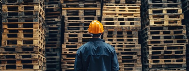 Warehouse worker managing organized wooden pallets in a storage facility with ample empty space for promotional text or branding.