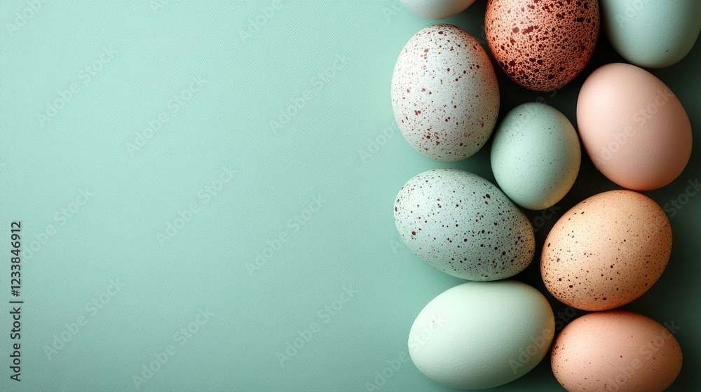 Aufkleber pastel colored eggs arranged on a soft green background with ample empty space for text or decoratio