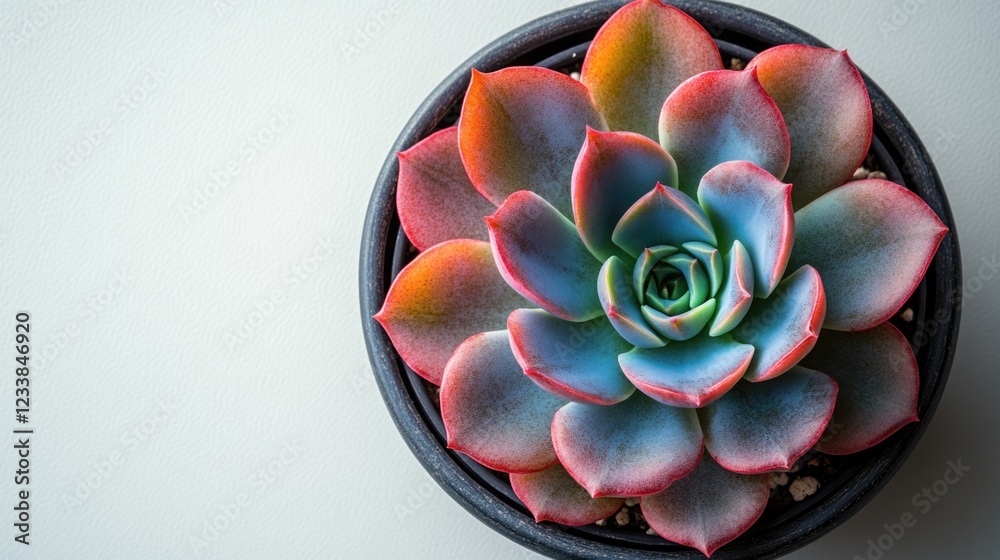 Poster top view of a vibrant echeveria lilacina succulent in a black pot on a white background with ample c