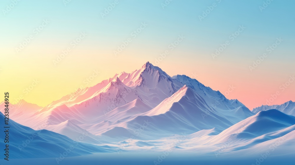 Poster Serene Sunrise Illuminating Snow Covered Mountain Range with Expansive Sky and Empty Space for Text