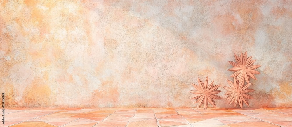 Aufkleber abstract interior wall with rustic orange tiles featuring star flower designs in rose quartz and ser