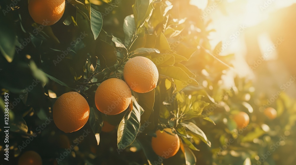 Poster citrus tree abundant with ripe oranges basking in warm sunlight showcasing vibrant colors and lush g