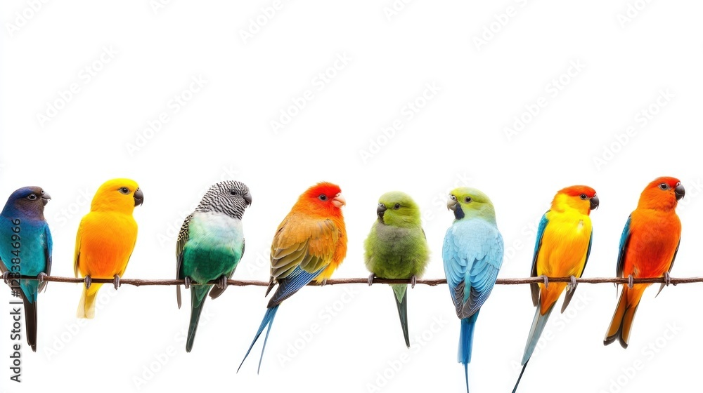 Poster Diverse colorful birds perched on a branch against a white background with ample space for text and design elements.