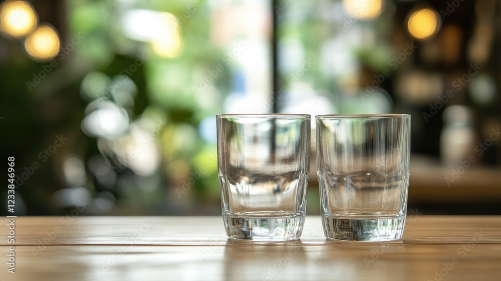 Poster Empty glasses on a rustic wooden table in a restaurant with a blurred bokeh background creating a warm and inviting atmosphere