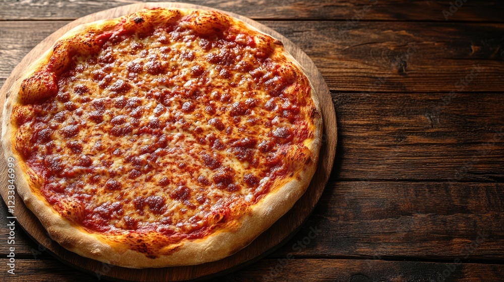 Aufkleber Top view of a fresh cheese pizza on a wooden board with ample empty space for text and design elements.