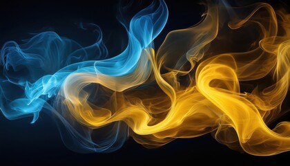 Fototapeta premium Vibrant Neon Moodscape An Electrifying Dance Between Yellow and Blue Smoke Swirling Over a Dark Canvas, Illuminated by a Blurred Flash of Light.