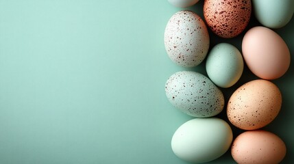 Pastel colored eggs arranged on a soft green background with ample empty space for text or decoration. Perfect for seasonal design projects.