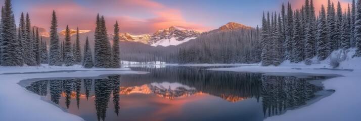 Obraz premium Beautiful majestic landscape with snow covered forest and lake