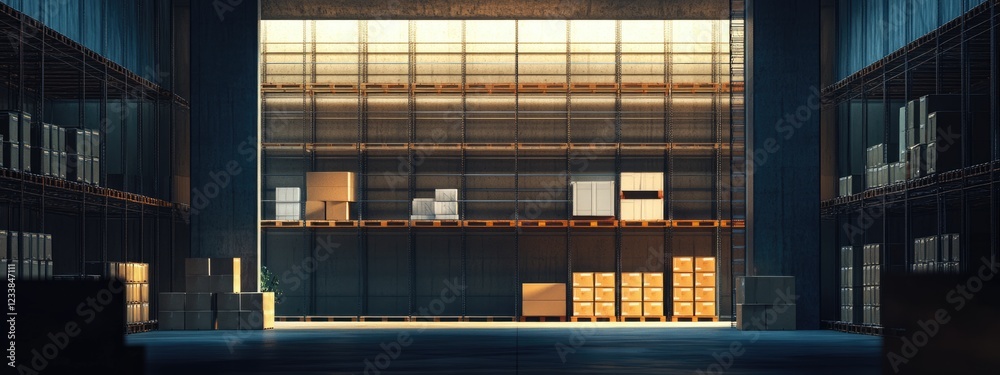 Poster warehouse interior featuring organized storage racks with filled boxes and ample empty space for add