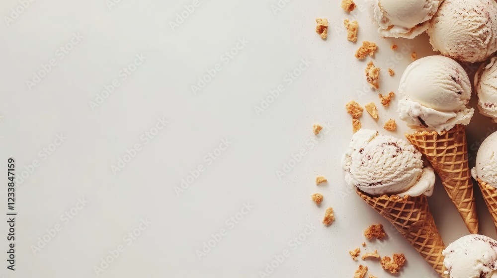 Poster delicious ice cream scoops in waffle cones arranged on a white background with space for creative te